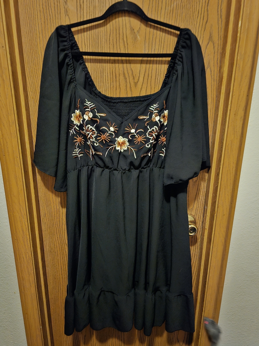 SHEIN Black Midi Dress with Cream & Brown Floral Embroidery